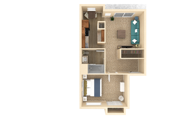 Floor plan for 1 bed, 1 bath, 640 sqft